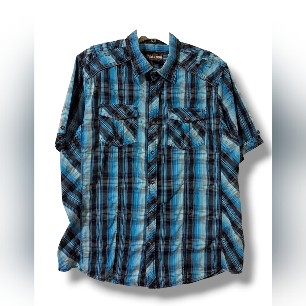 Rebel & Soul Men's Casual Blue and Black Plaid Shirt